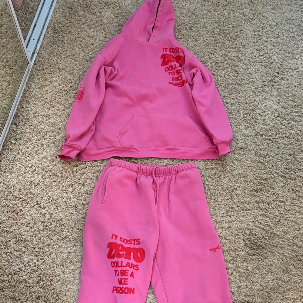 Mayfair set. Pink Hoodie and Sweatpants Set with Red Text (missing hoodie string